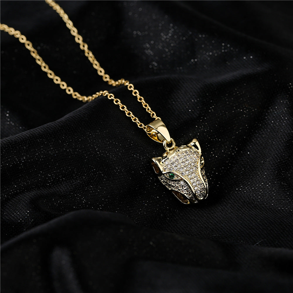 18K Gold Plated Brass Micro-Inlay Cubic Zirconia Leopard Pendant Necklace with Cable Chain