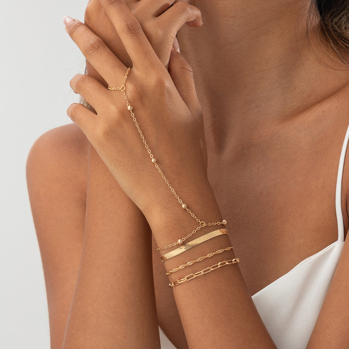 Minimalist Cold-Tone Geometric Metal Snake Chain Bracelet for Women with Micro-Pave Detailing and Layered Styling
