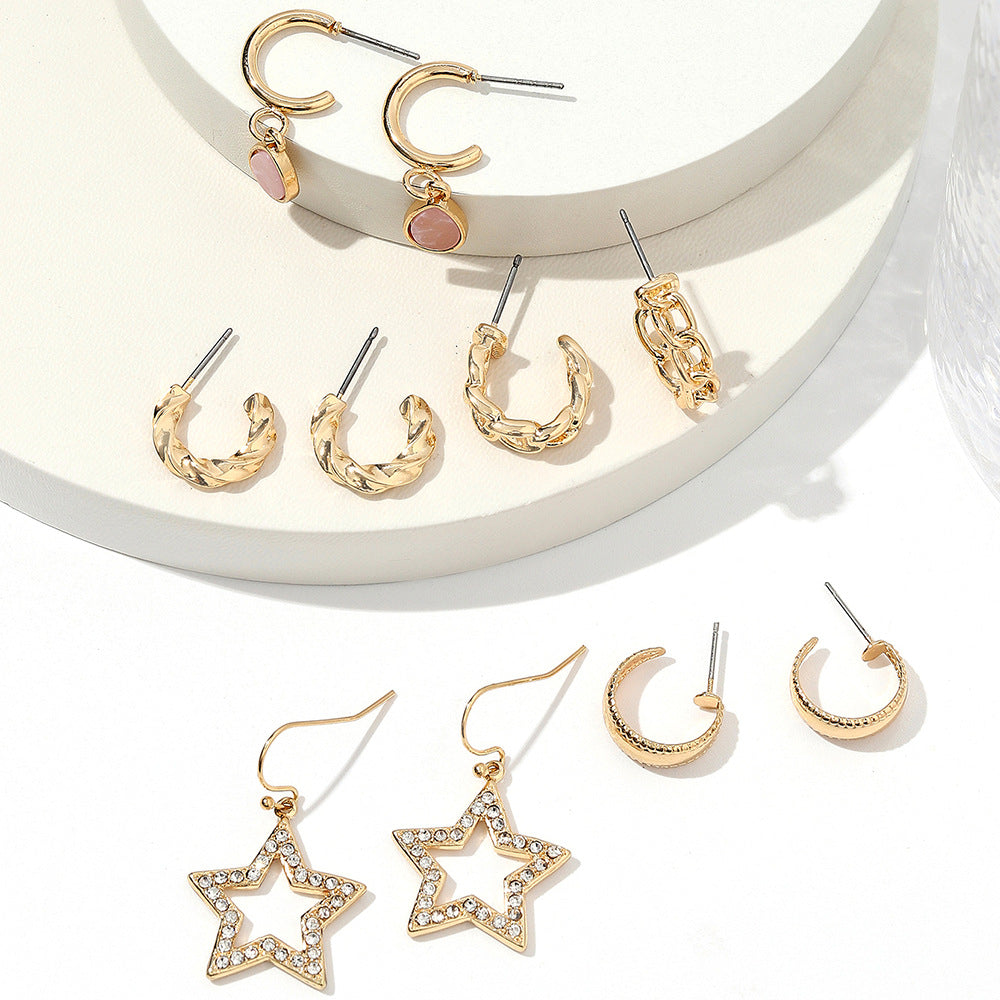 Vintage Minimalist Geometric Star Alloy Plated Rhinestone and Crystal C-Hoop Earrings Set