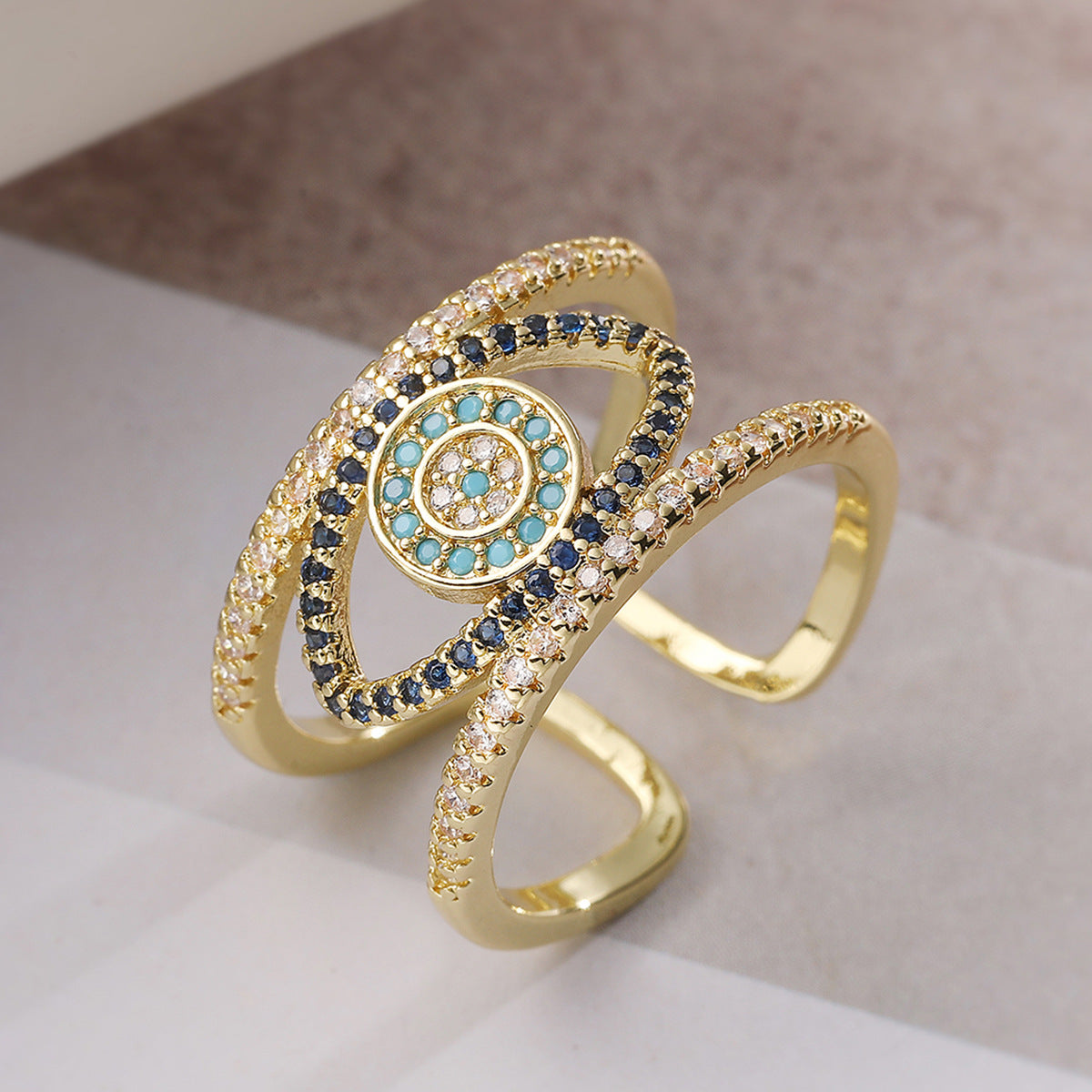 Vintage Elegant 18K Gold Plated Brass Geometric Micro-Inlaid Cubic Zirconia Evil Eye Open Ring for Women