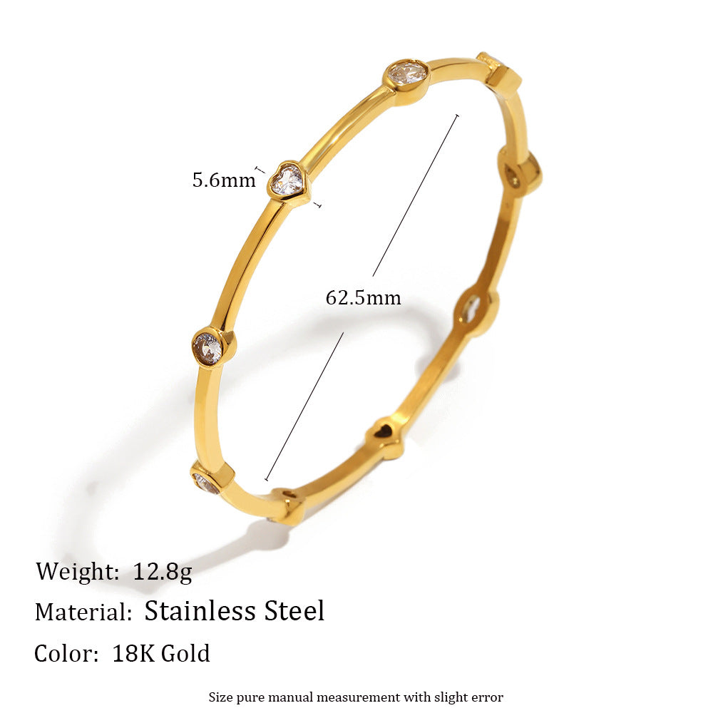 Elegant 18K Gold Plated Stainless Steel Heart Geometric Cubic Zirconia Line Bracelet for Women