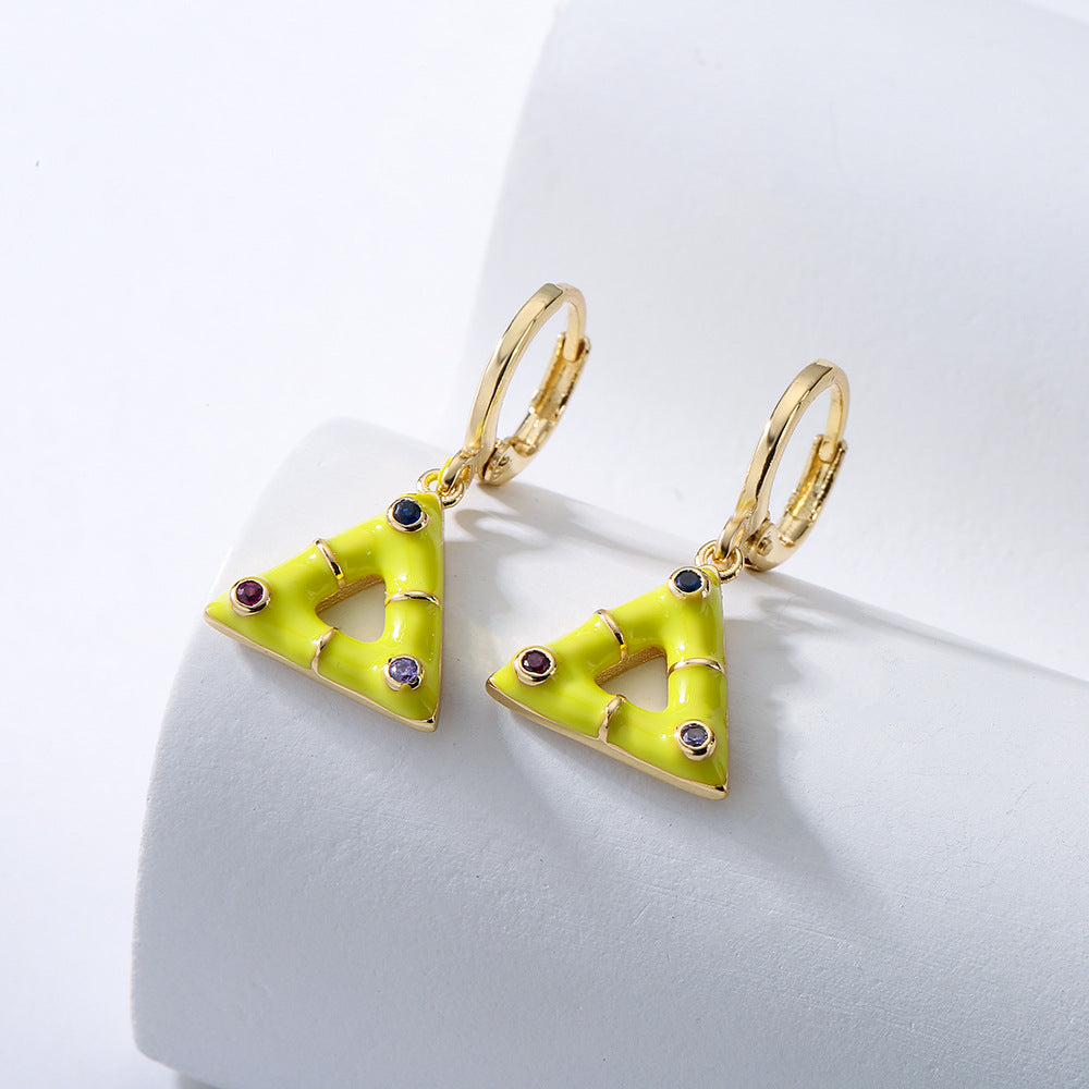Geometric Triangle Pendant Earrings for Women in Copper with 18K Gold Plating and Enamel Finish