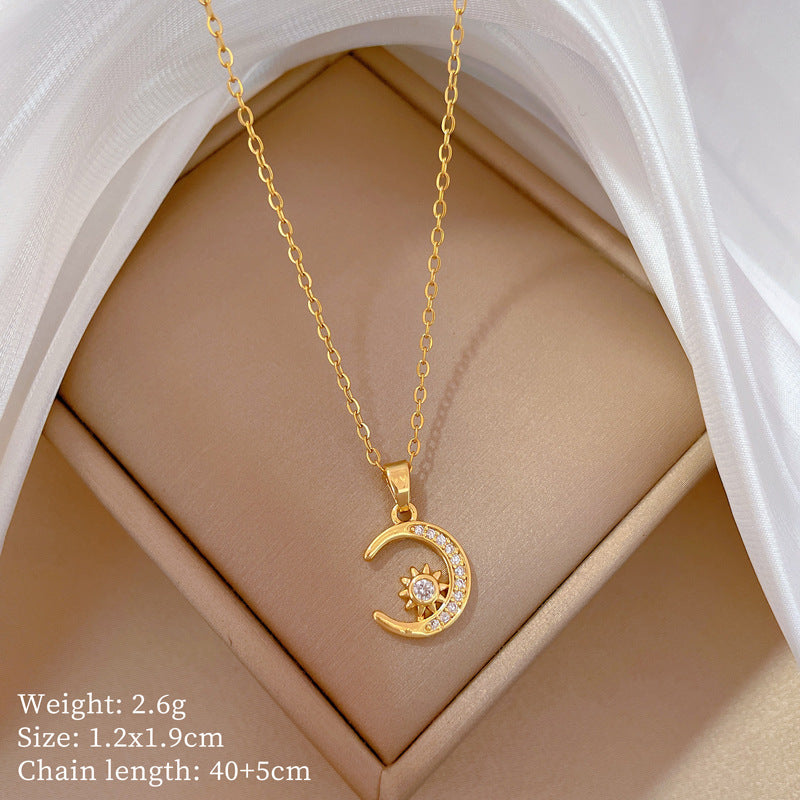 Geometric Minimalist Titanium Steel Lip Chain Necklace with Copper Pendant and Rhinestone Inlay