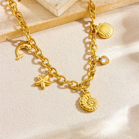 Collana con Pendente a Stella Marina, Conchiglia e Delfino a Tema Marino in Acciaio Inossidabile con Finitura Placcata per Donna