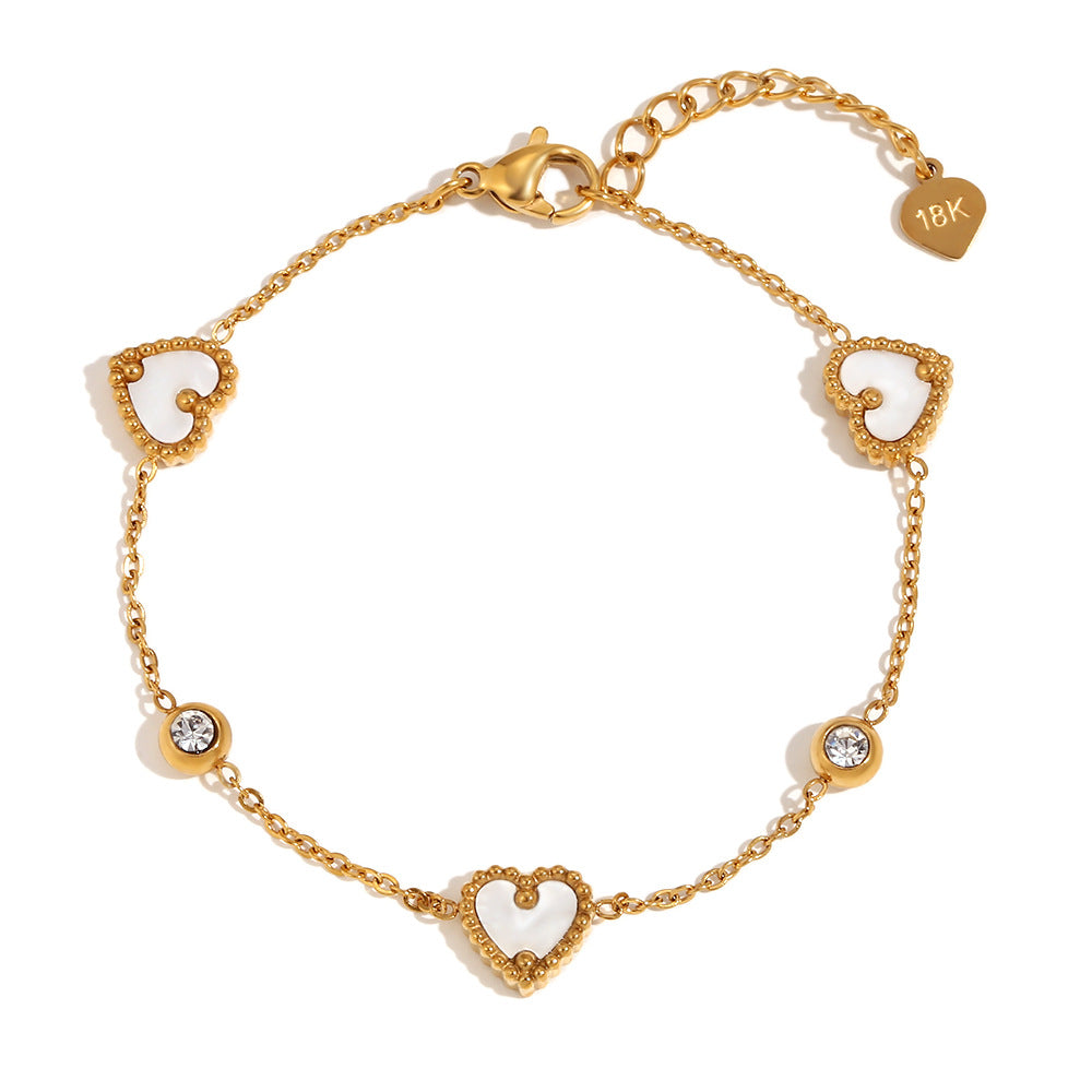 Minimalist Heart-Shaped Stainless Steel Plated 18K Gold Necklace with Three Shell Pendants and Round Rhinestones for Women