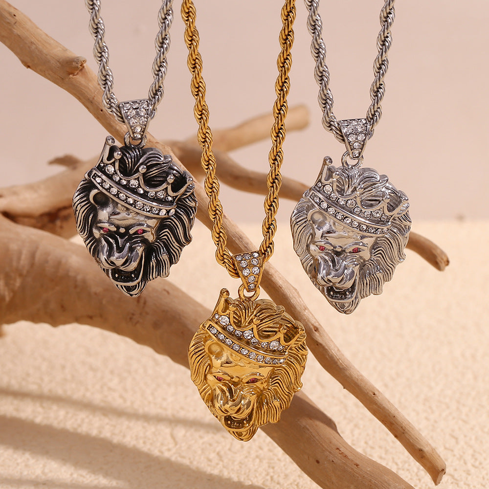 Collana pendente con corona di leone per donna, in acciaio inossidabile placcato oro 18K, a forma di animale