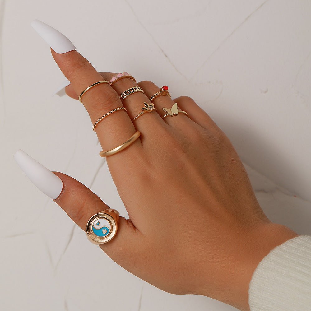 Minimalist Geometric Butterfly Rhinestone Pearl Drip Oil Alloy Ring Set for Women