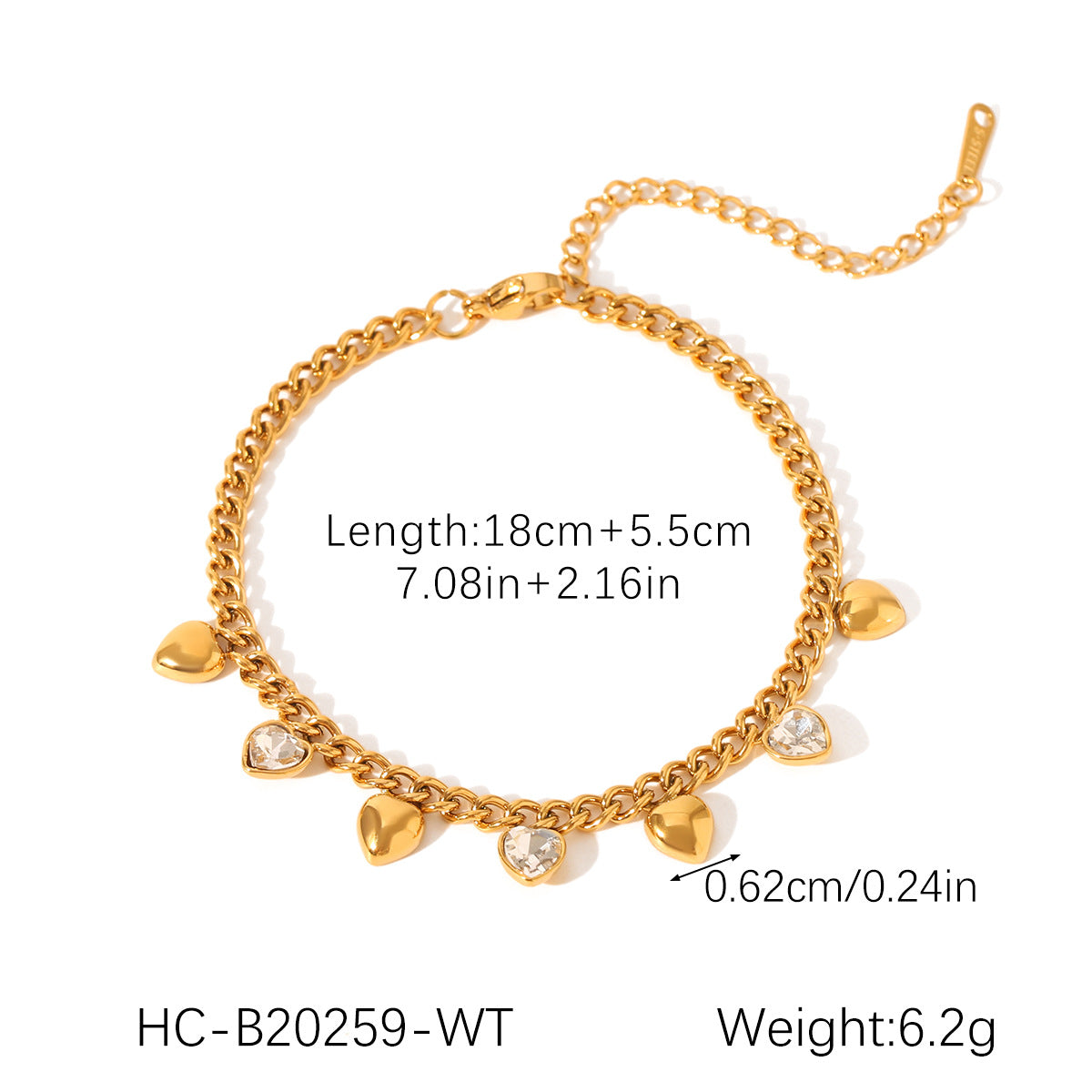Minimalist Heart-Shaped Stainless Steel Cuban Link Bracelet with Zircon Inlay and Tassel Detail for Women