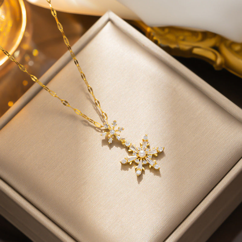 Minimalist Hexagram Pearl Snowflake Necklace in Titanium Steel with Gold Plating, Hypoallergenic Locket Chain for Women