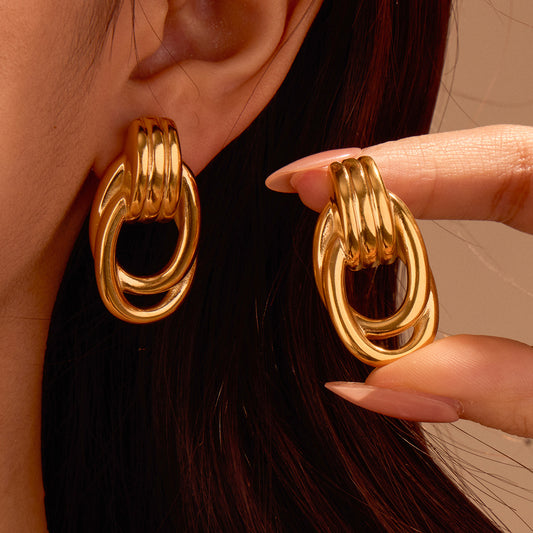 Minimalist Geometric Stainless Steel Earrings with Gold Plating and Twisted Thread Detail for Women