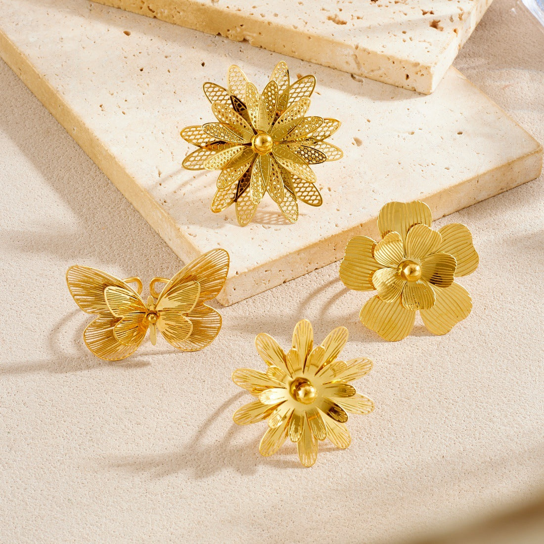Gold Plated Stainless Steel Hollow Layered Flower Butterfly Ring for Women