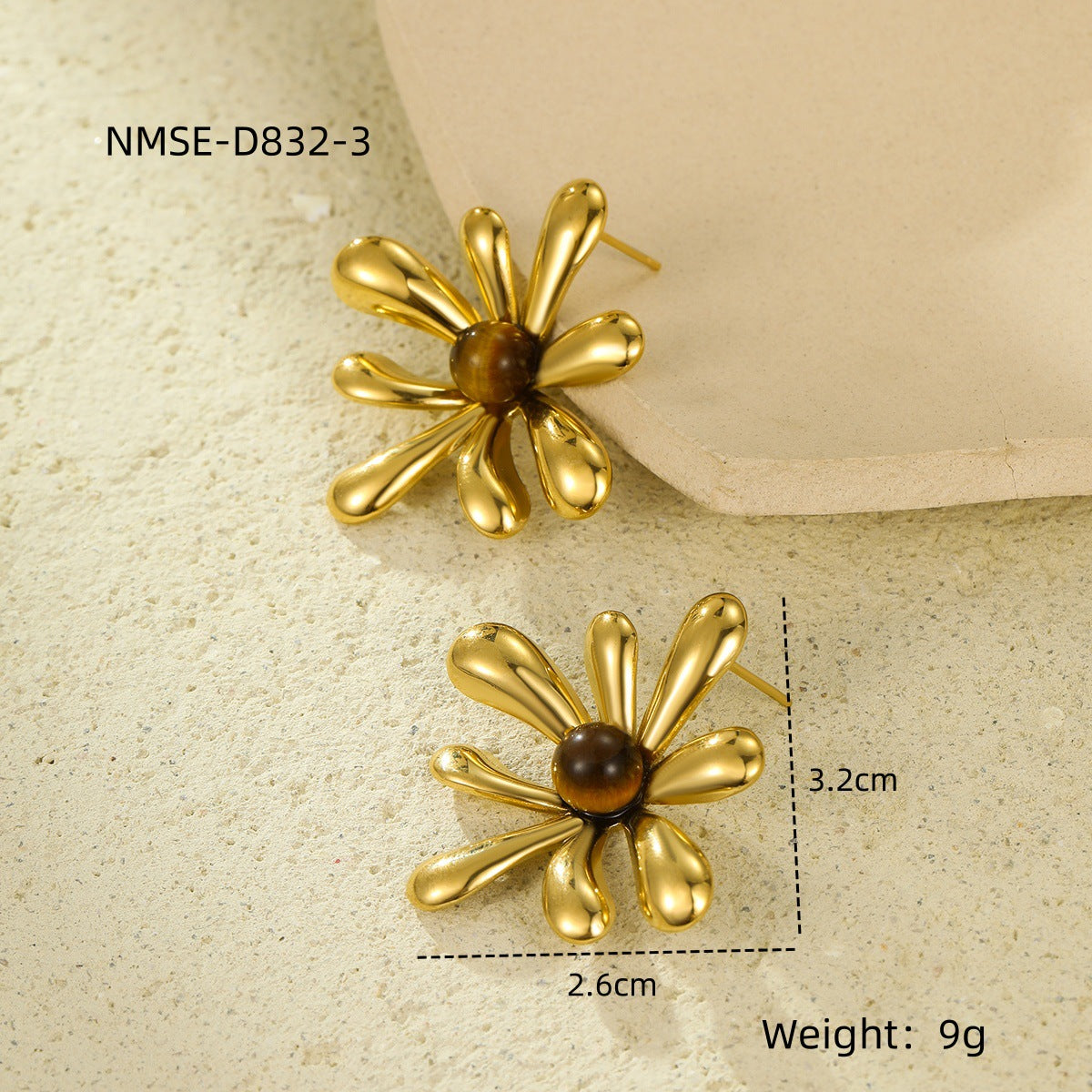 Pendientes Vintage de Acero Inoxidable con Forma de Girasol, Chapado en Oro de 18K e Incrustaciones de Piedras Naturales para Mujer