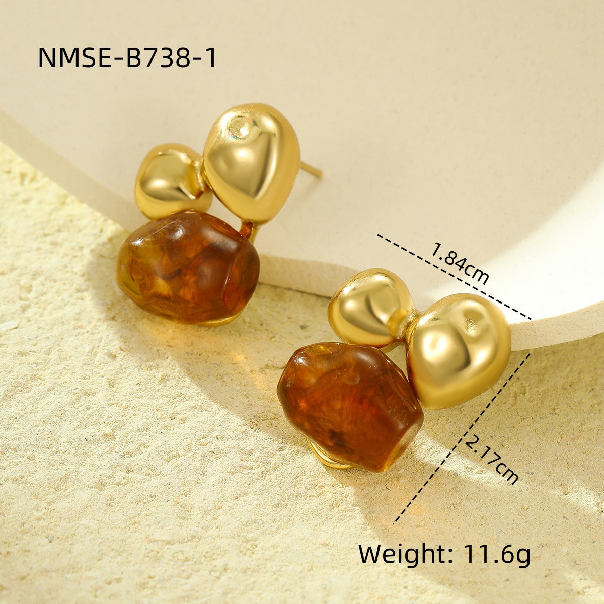 Orecchini Vintage in Acciaio Inossidabile a Forma di Fiocco con Intarsio in Resina e Placcatura Sottovuoto in Oro 18K