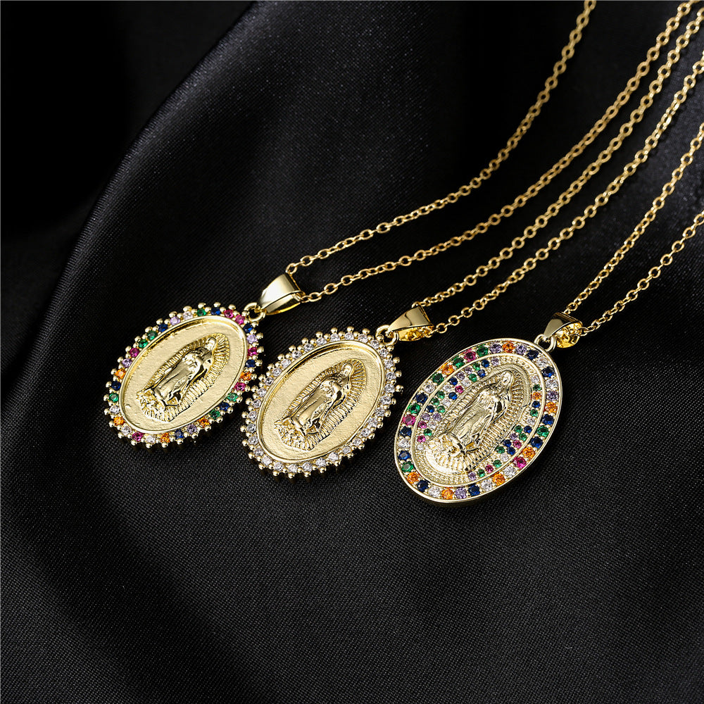 Minimalist Geometric Brass Micro-Inlaid Cubic Zirconia Necklace with Gold Plated Mary Pendant