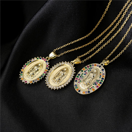 Minimalist Geometric Brass Micro-Inlaid Cubic Zirconia Necklace with Gold Plated Mary Pendant