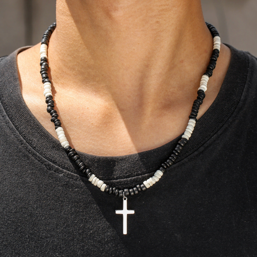Bohemian Style Wooden Bead and Stainless Steel Cross Pendant Necklace for Men and Women with Geometric Shape and Handmade Craftsmanship