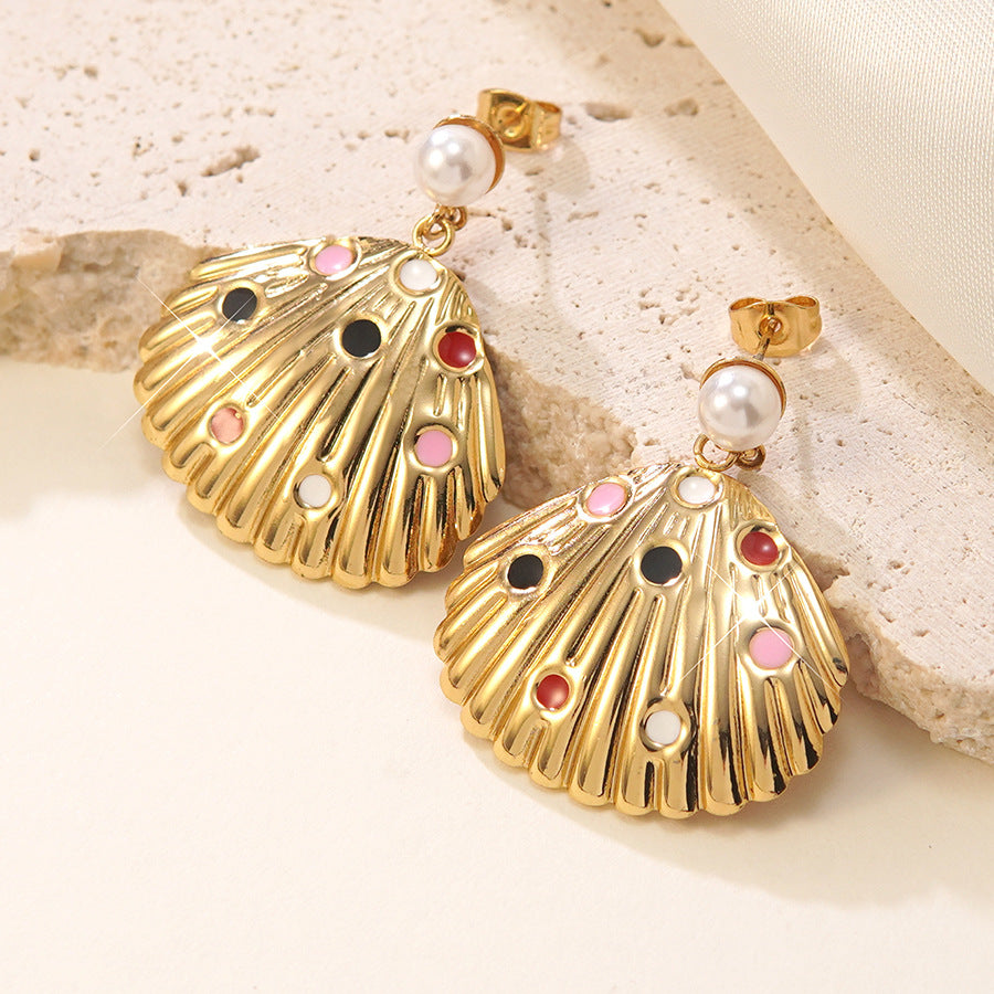 Sweet Fan Shape Stainless Steel Shell Pearl Drip Oil Earrings for Women