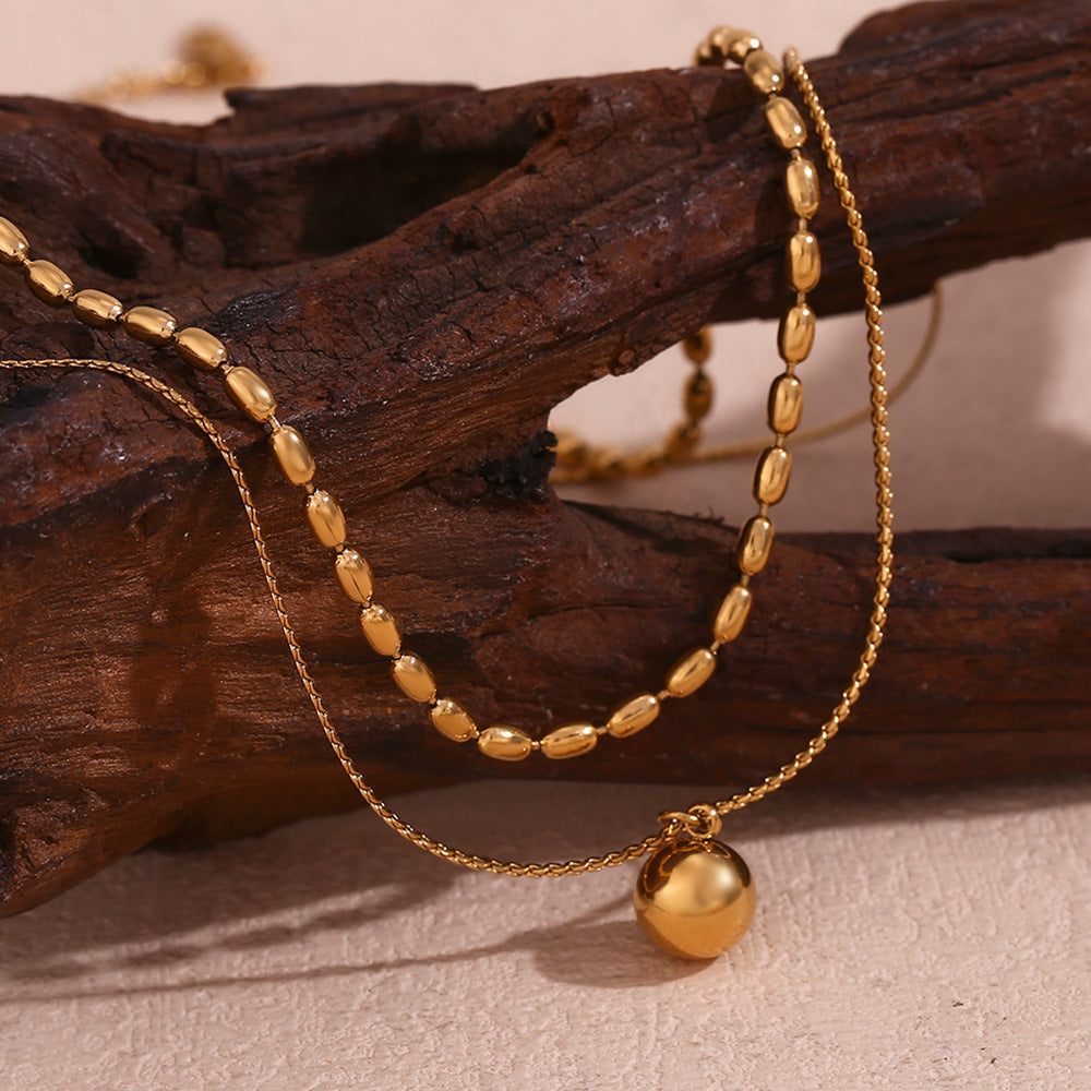 Minimalist Geometric Stainless Steel Pendant Necklace for Women with 18K Gold Plating and Double-Layer Pearl Beads
