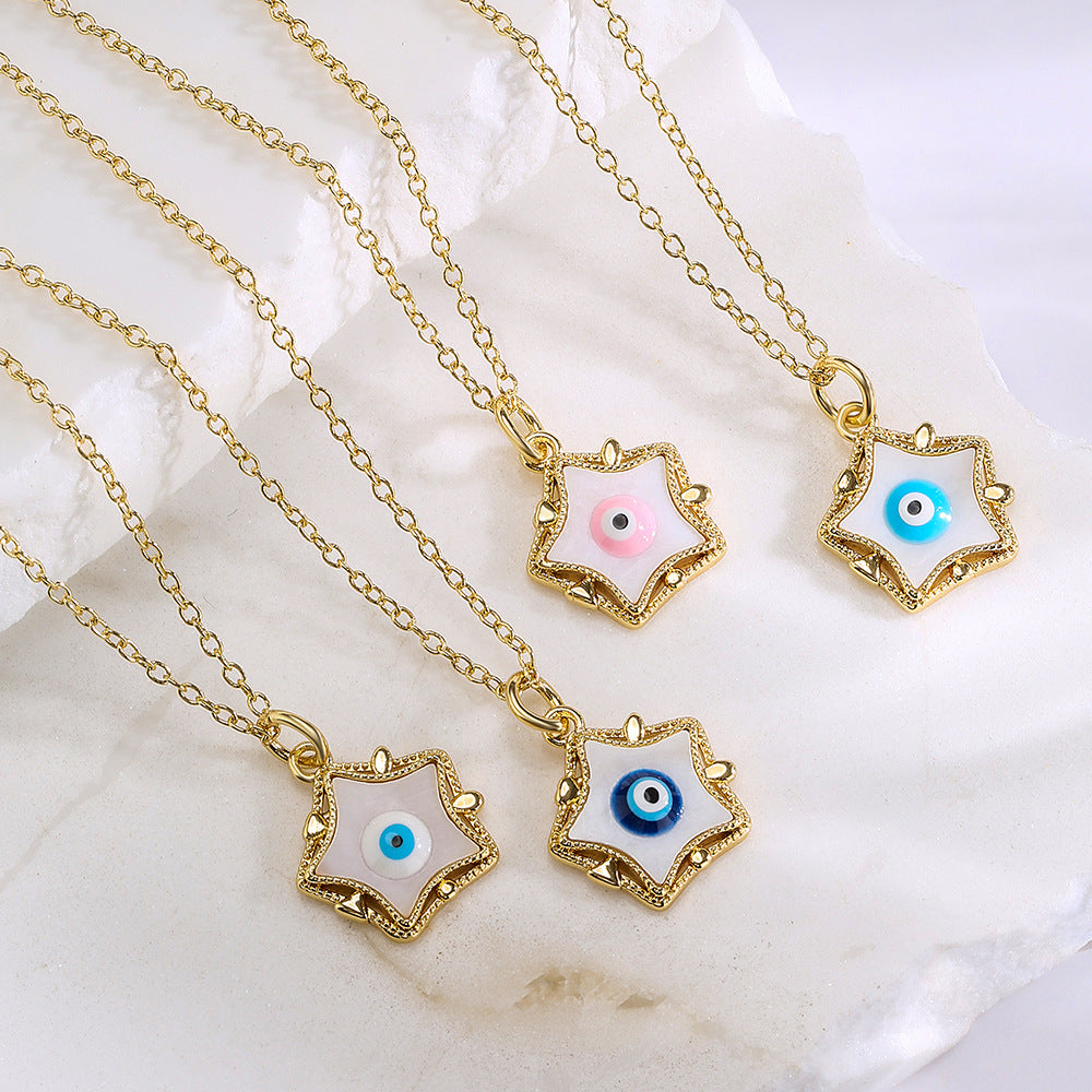 Collana Minimalista Geometrica a Cinque Punte Occhio di Allah da Donna, in Rame Placcato Oro 18K con Finitura a Smalto
