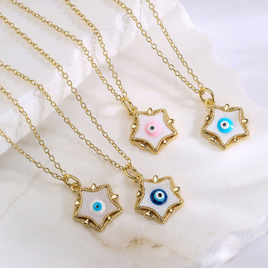 Collar con colgante de estrella de cinco puntas, ojo turco geométrico minimalista para mujer en cobre con chapado en oro de 18K y acabado esmaltado