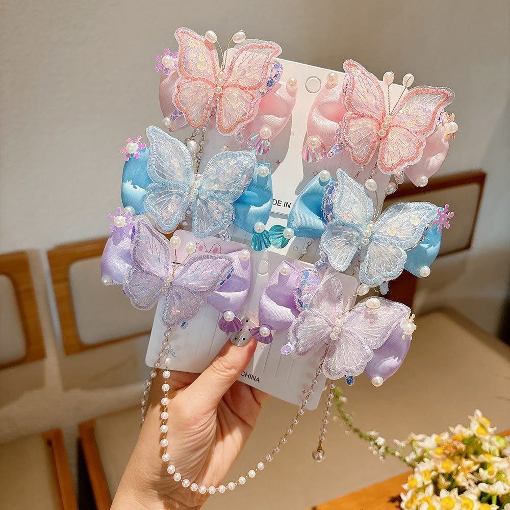 Lindos clips de pelo con diseño de mariposa estilo princesa para niñas con detalles de perlas y borlas, diseño de lazo de tela, set de pinzas laterales hecho a mano para niñas