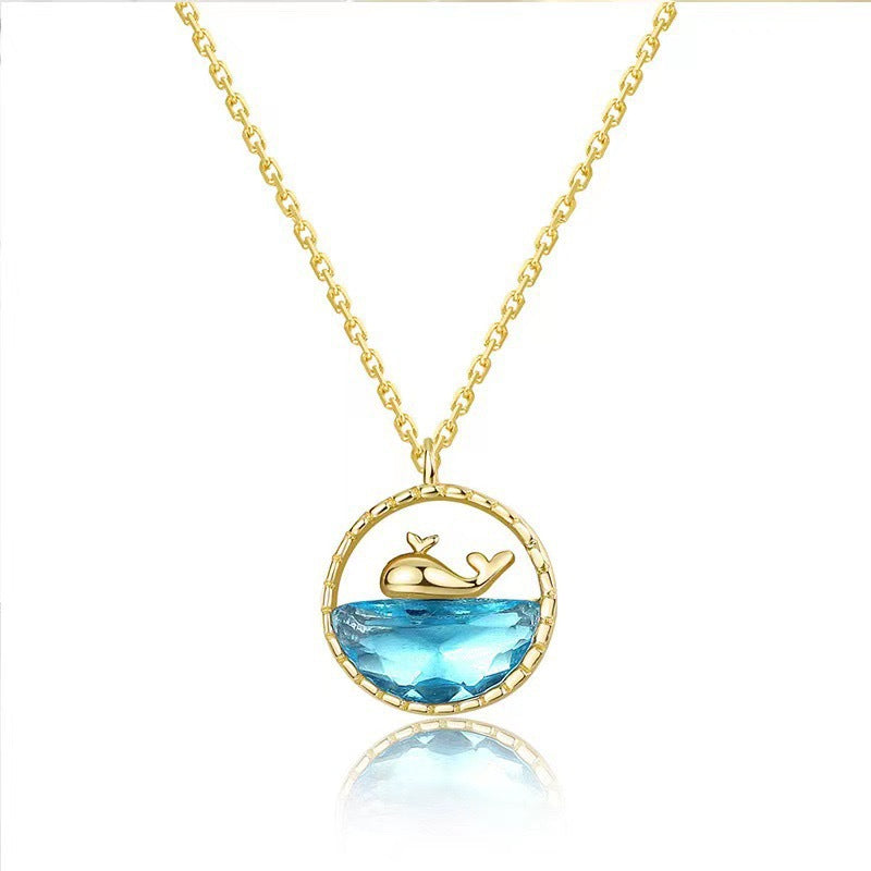 Original Design Whale and Dolphin Pendant Necklace in Titanium Steel with Gold Plating and Blue Ocean-Inspired Detail on O-Chain
