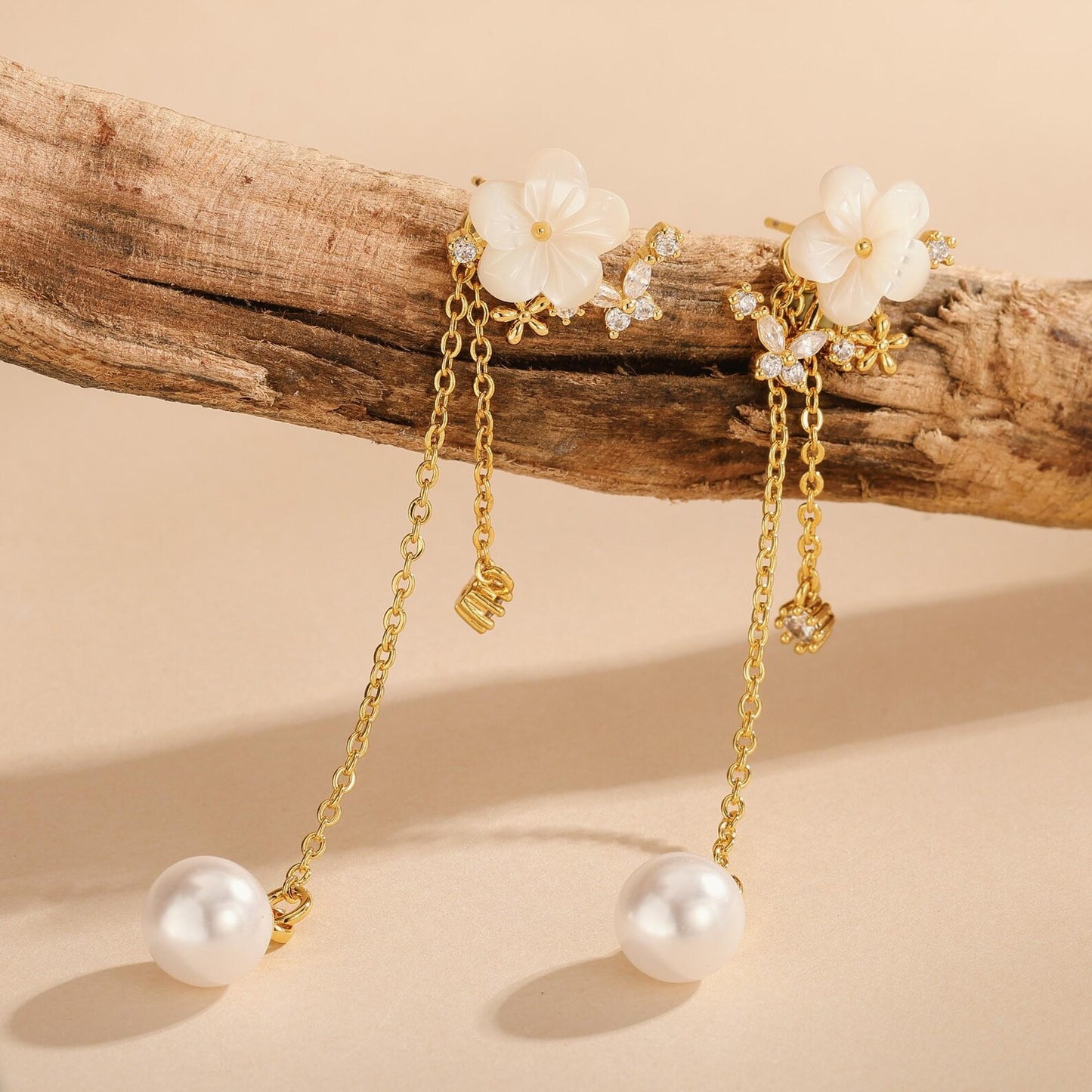 Geometric Round Brass Gold Plated Cubic Zirconia and Imitation Pearl Drop Earrings for Women