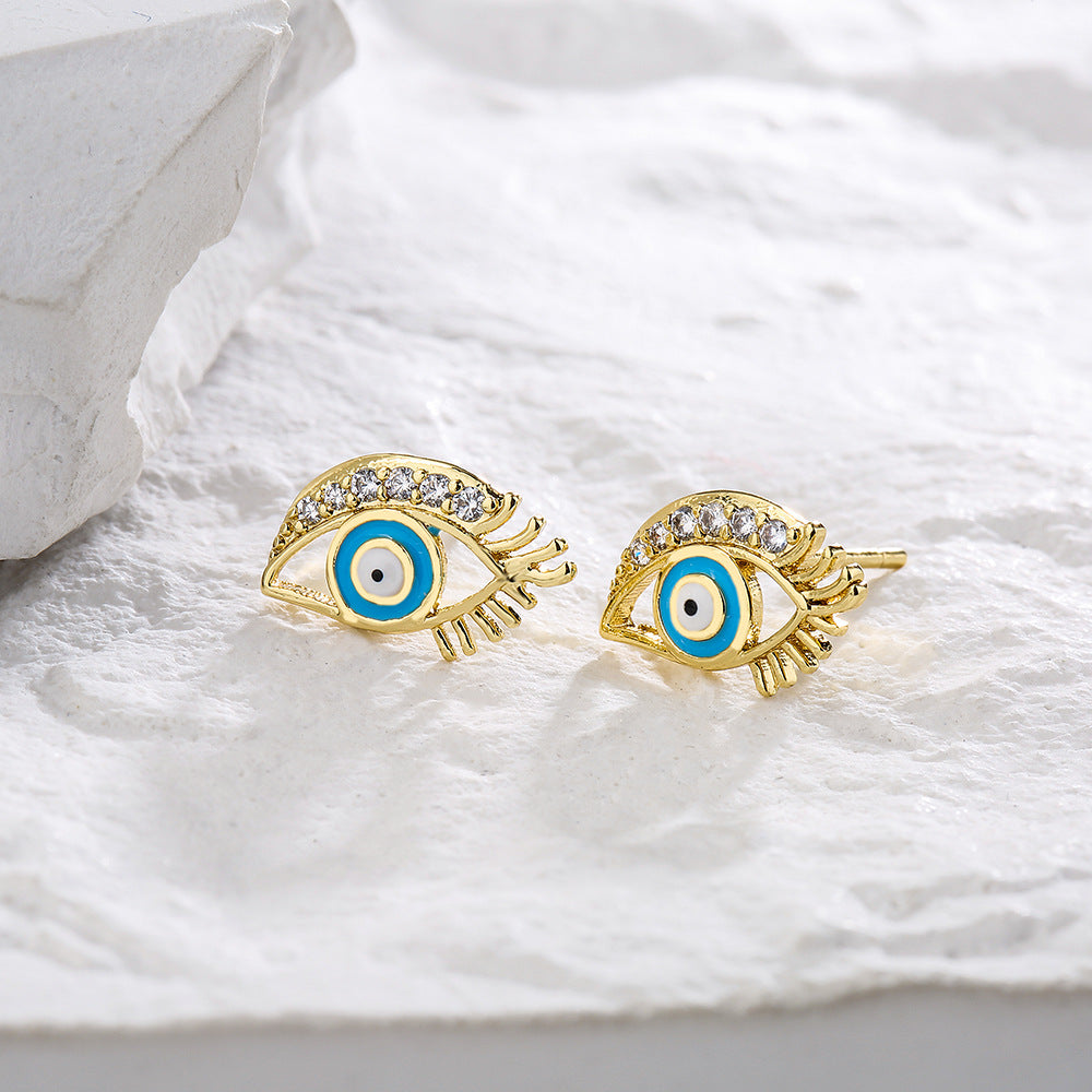 Geometric Eye-Shaped Enamel Zirconia Earrings for Women in Copper with 18K Gold Plating