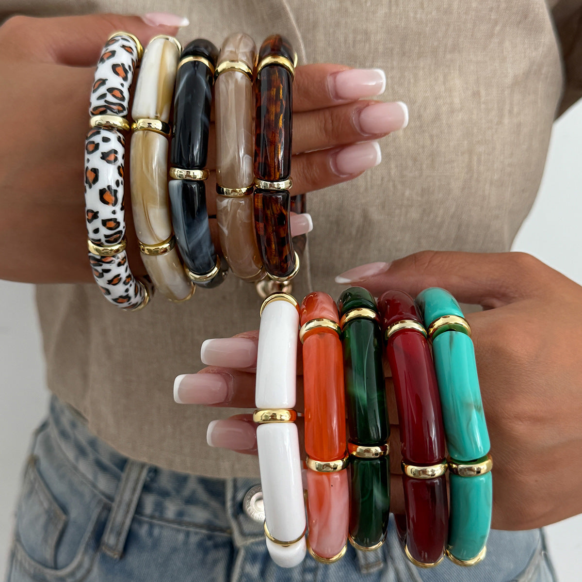 Vintage Geometric Marble Texture Leopard Print Acrylic Elastic Bracelet for Women