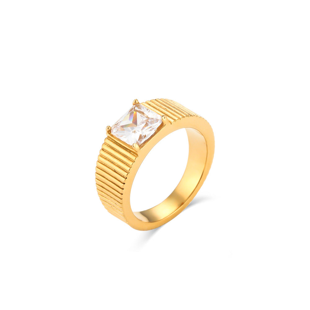 Fashionable Geometric Stainless Steel Ring for Women with Side Stripe Engraving and White Pink Green Rhinestone Accents