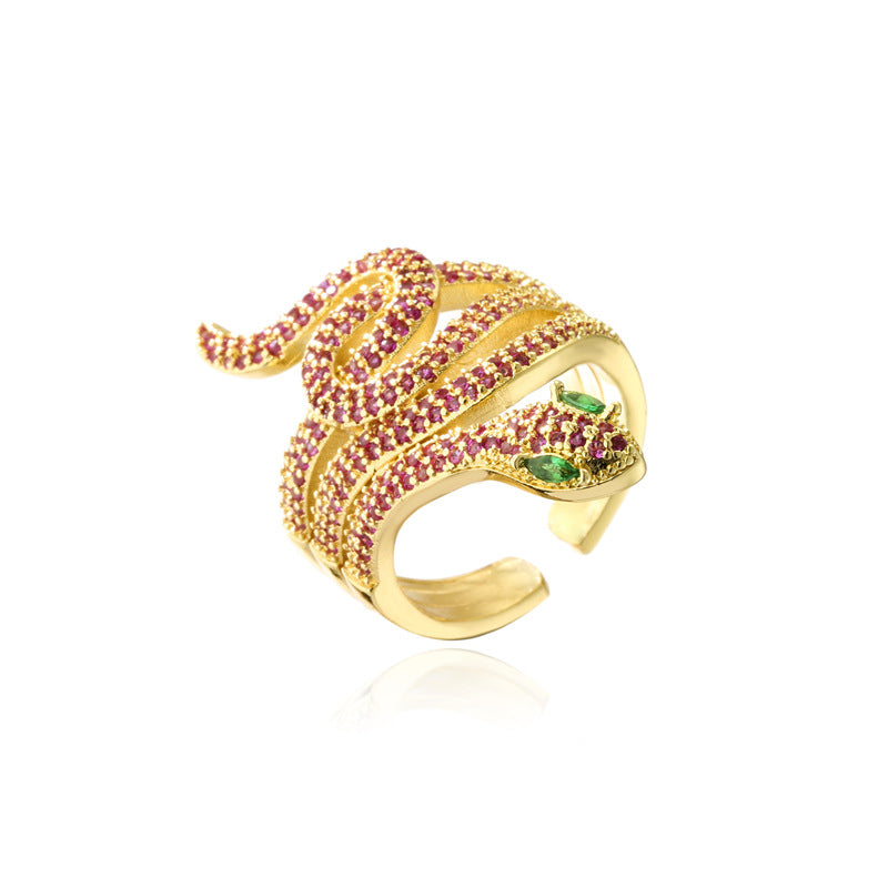 INS Style Geometric Snake Shape Copper Ring with Micro-Pave Zirconia and 18K Gold Plating