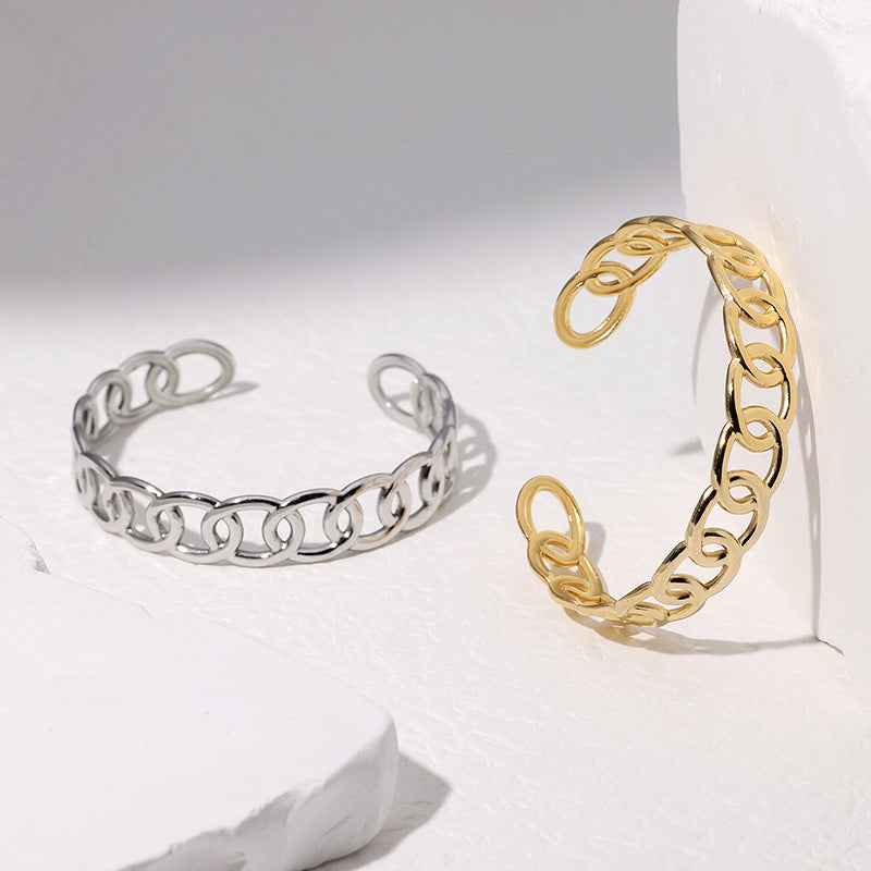 Bracciale a Polsino Minimalista Geometrico in Acciaio Inox con Finitura Placcata Regolabile per Donna