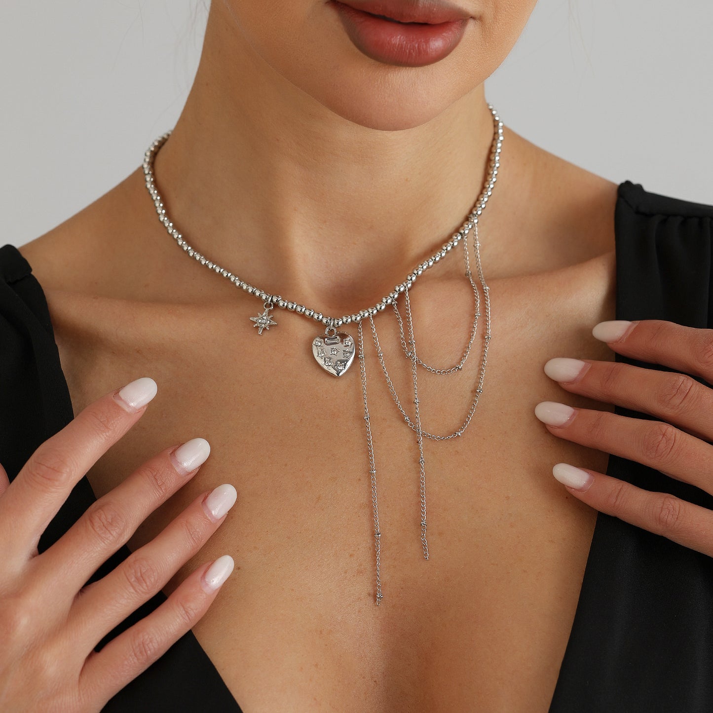 Sweet Streetwear Y2K Heart Geometric Star Alloy Plated Pendant Necklace with Tassel and Beads for Women