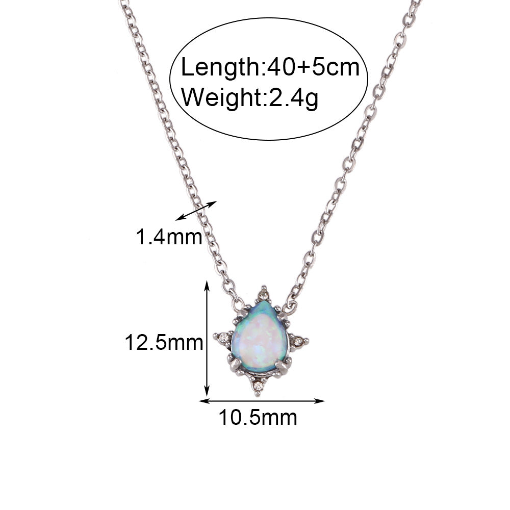 Fashionable Vintage Stainless Steel Water-Drop Shaped Australian Opal Pendant Necklace for Women with Electroplating Finish