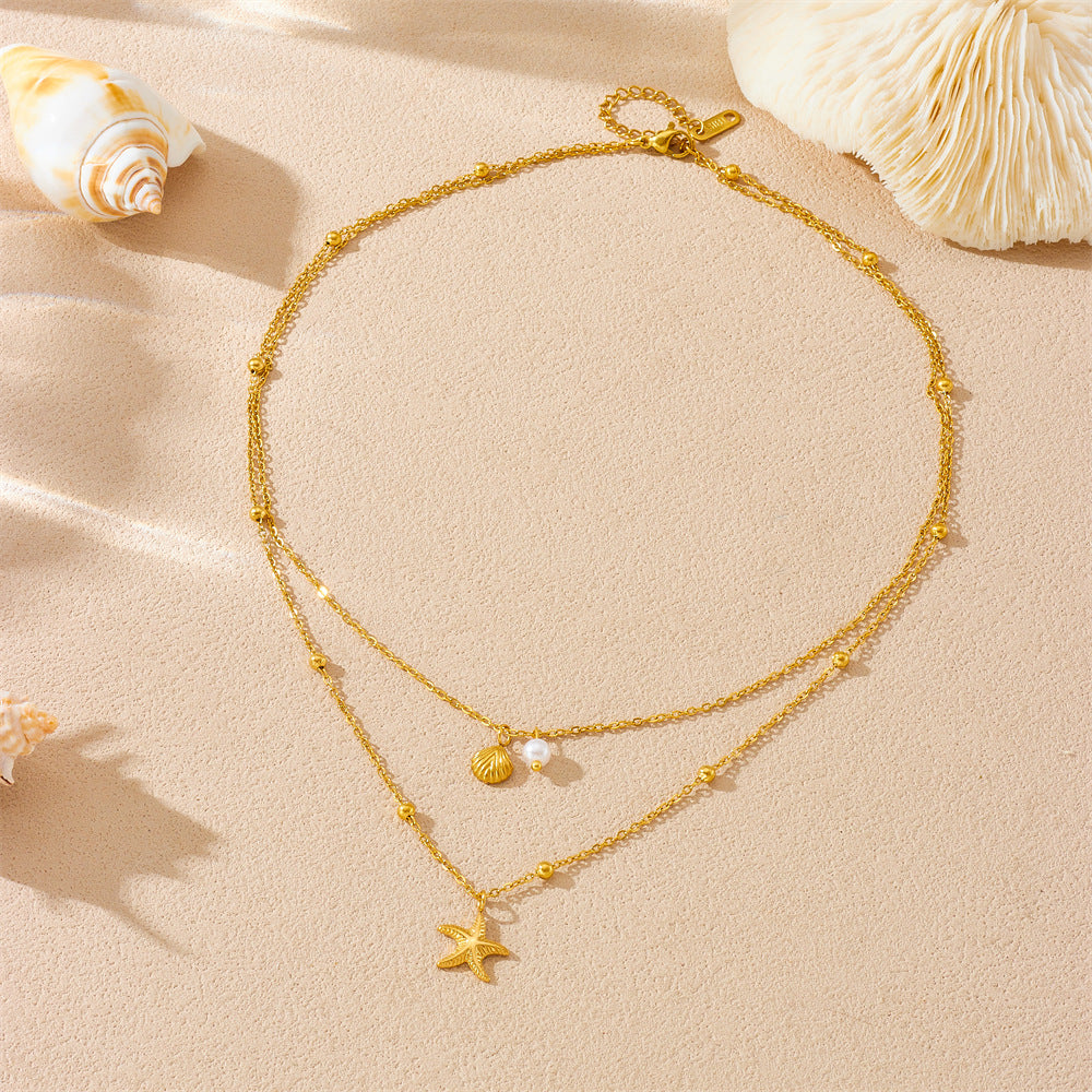 Minimalist Elegant Gold Plated Stainless Steel Star and Teardrop Pearl Layered Necklace for Women