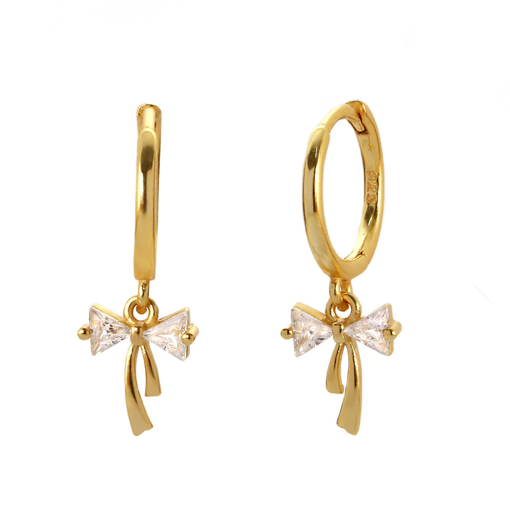 Orecchini a cerchio da donna in argento sterling 925 con fiocco e strass incastonati