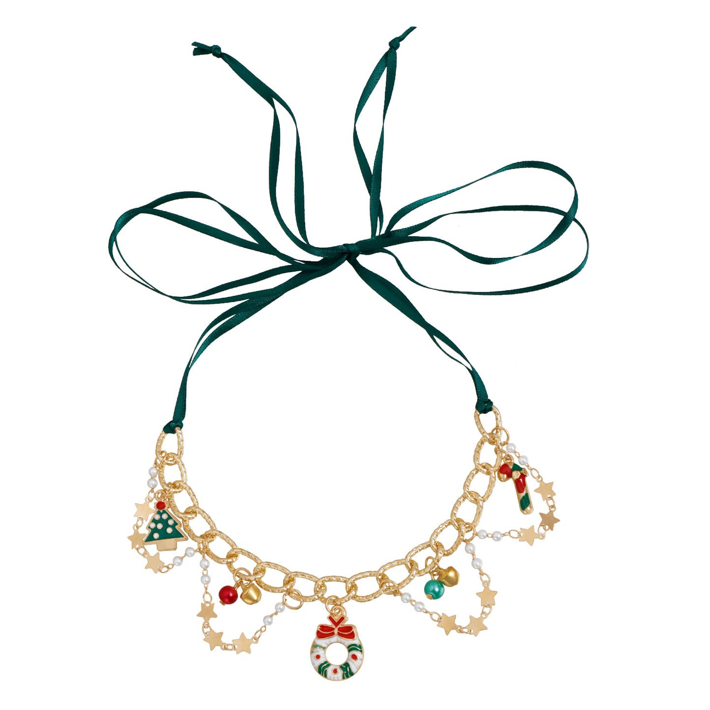 Geometric Alloy Plated Ribbon Woven Choker Necklace with Christmas Bell for Women