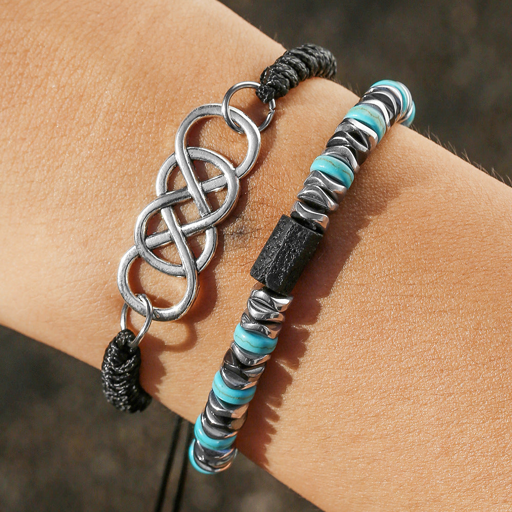 Geometric Round Alloy Turquoise Inlay Stretch Woven Bracelet Set