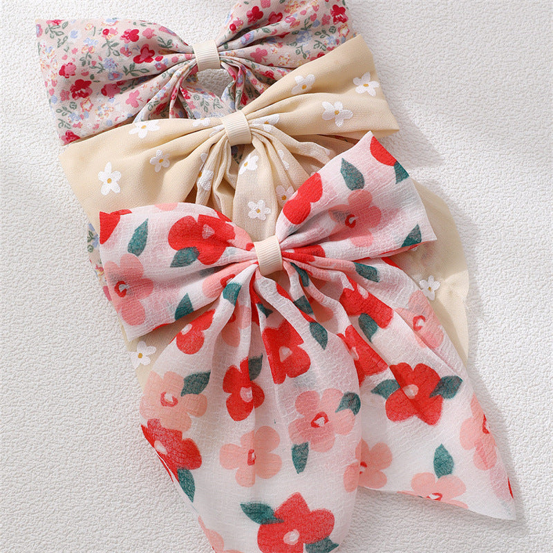 Set di fermagli per capelli con fiocco in tessuto stile dolce per bambini con stampa floreale e piccoli nastri decorativi