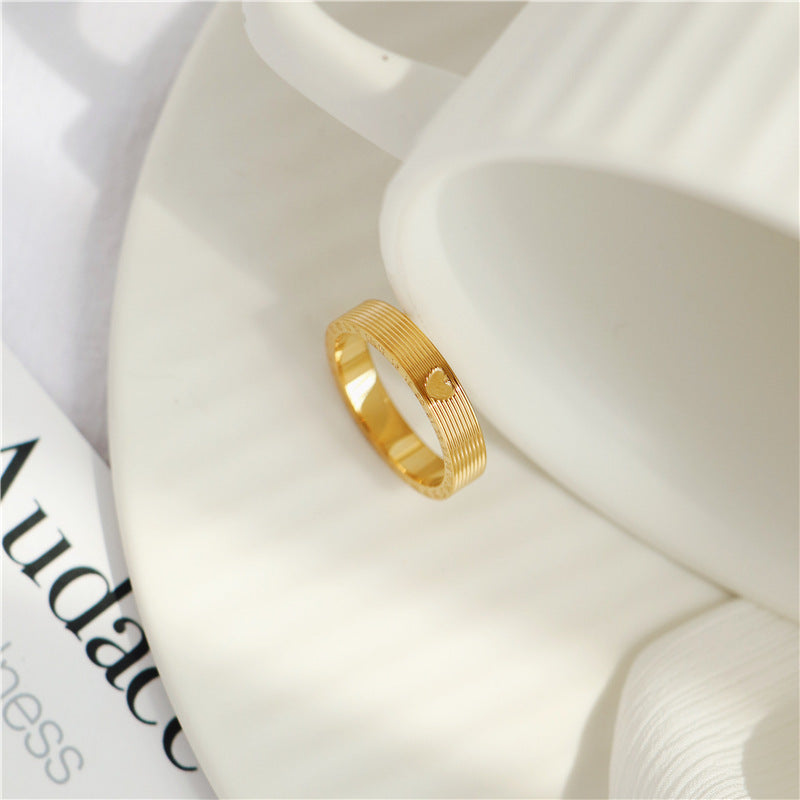 Minimalist Titanium Steel Plated 520 Clock Heart Design Ring for Women and Men Finger Ring in Gold Tone