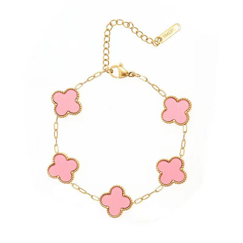 Luxury Geometric Four-Leaf Clover Bracelet 18K Gold Plated Titanium Steel Five-Color Double-Sided Women