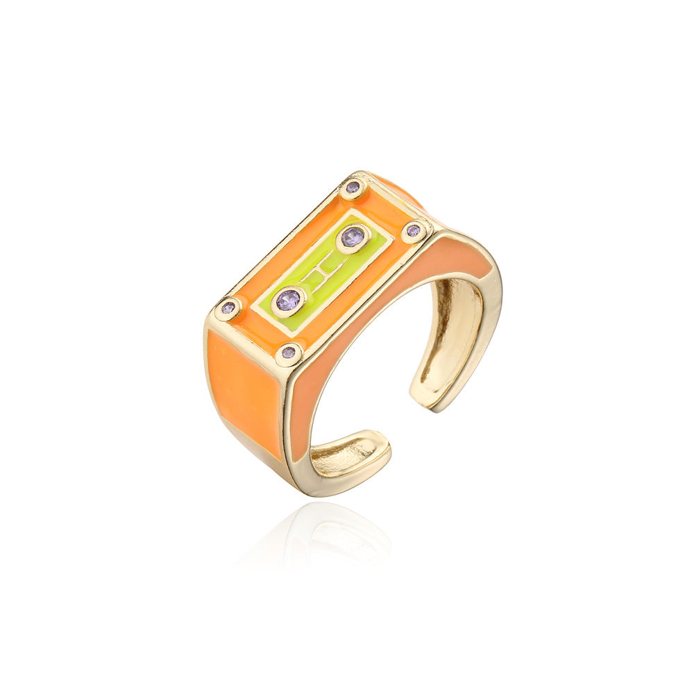 Anello aperto regolabile a forma di robot in stile punk in rame con micro incastonatura a pavé
