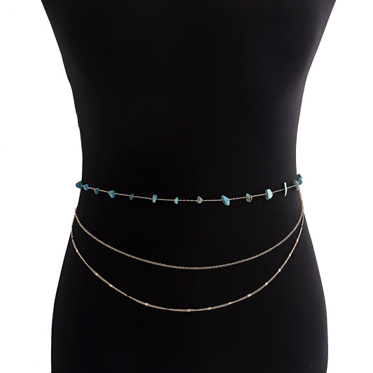 Bohemian Style Multi-Loop Waist Chain for Women Made of Metal with Natural Turquoise Accents