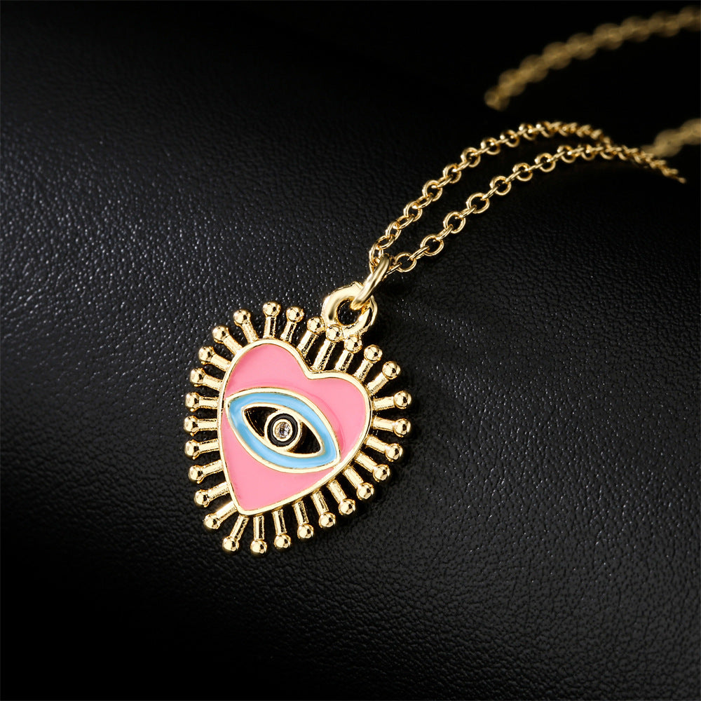 Drip Oil Heart Geometric Cubic Zirconia Inlay Brass Pendant Necklace with Cable Chain