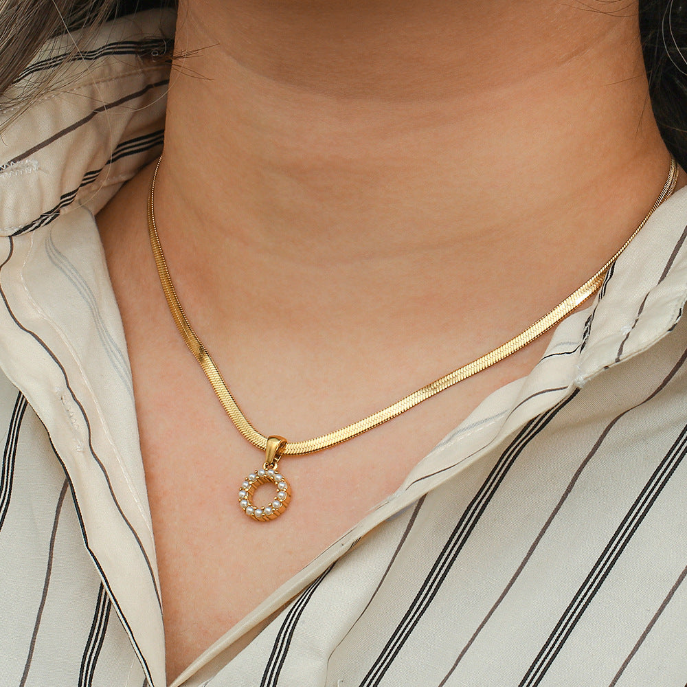 Fashionable Letter Pendant Necklace for Women Stainless Steel Plated 18K Gold Flat Snake Chain with Pearl Accent