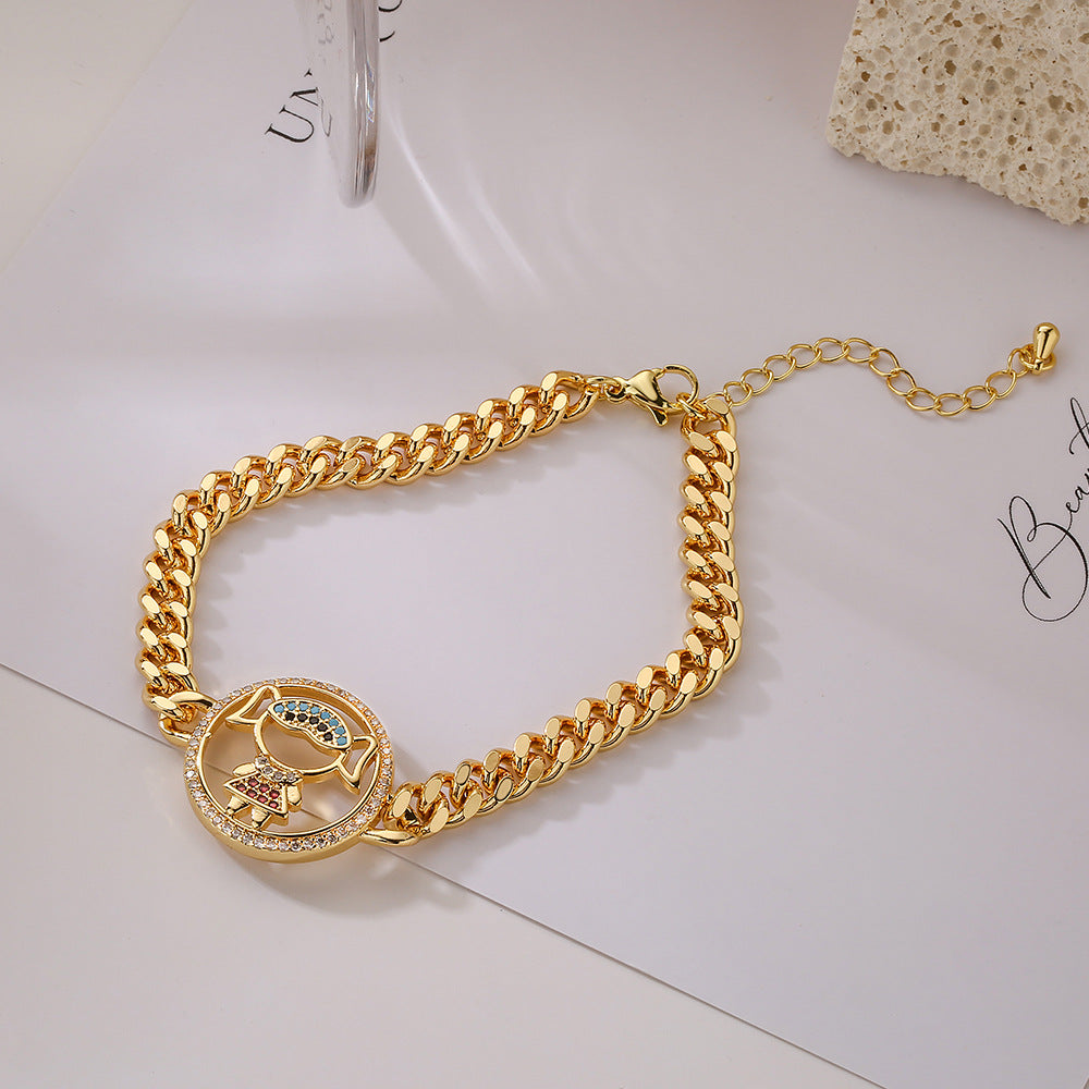 Bracciale da donna a maglia cubana geometrica e minimalista in rame con zirconi micro-pavé