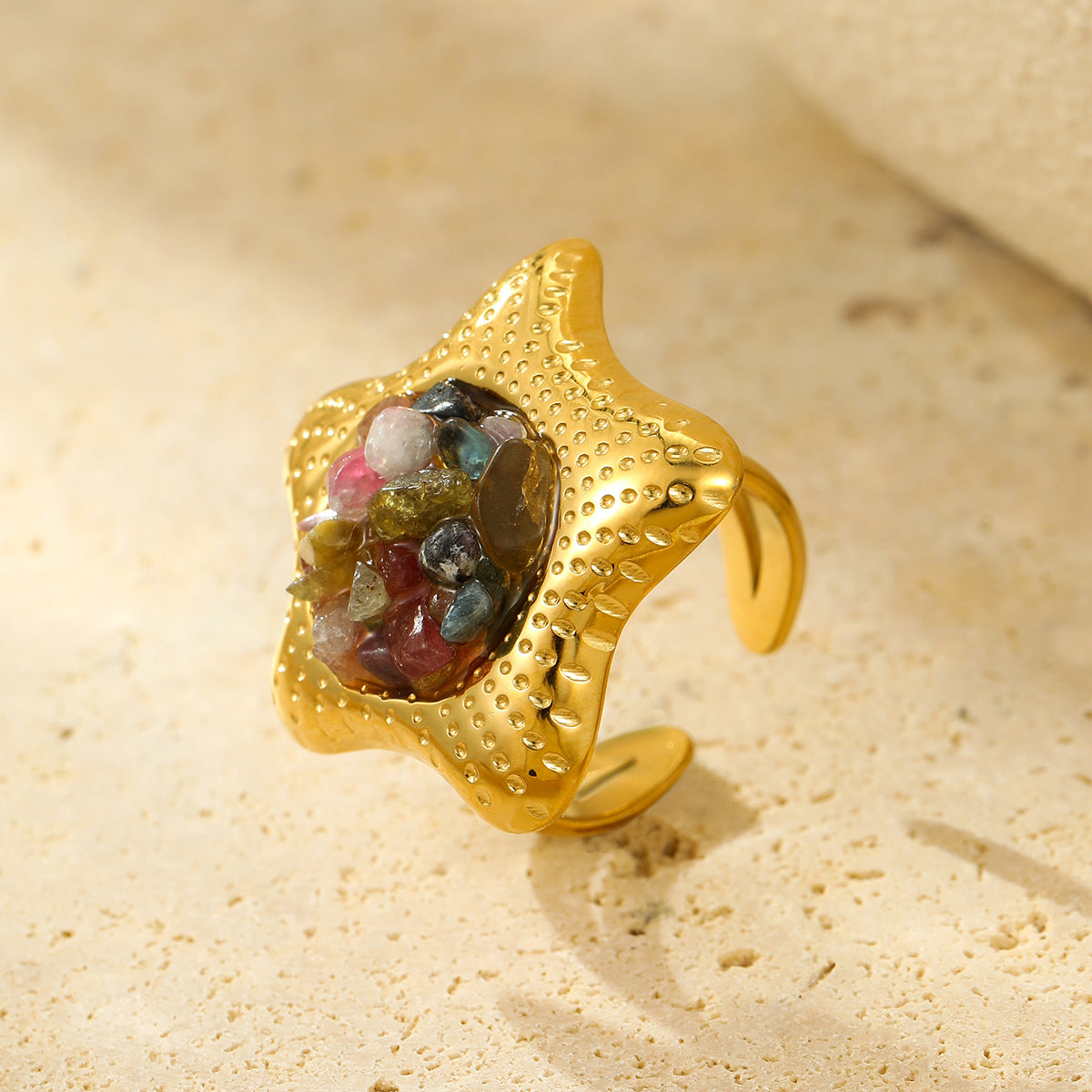 Elegante Anillo de Acero Inoxidable con Forma de Estrella, Inspiración Francesa y Minimalista, con Incrustaciones de Piedras Naturales para Mujer