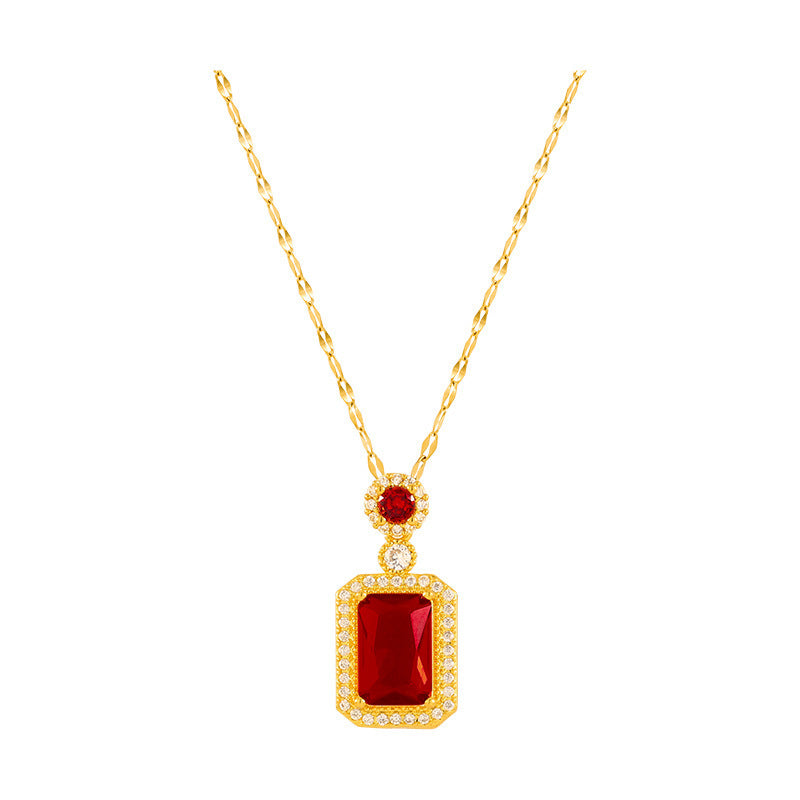 Elegant Red and Green Letter-Shaped Titanium Steel Necklace with Micro-Pave Zirconia for Women