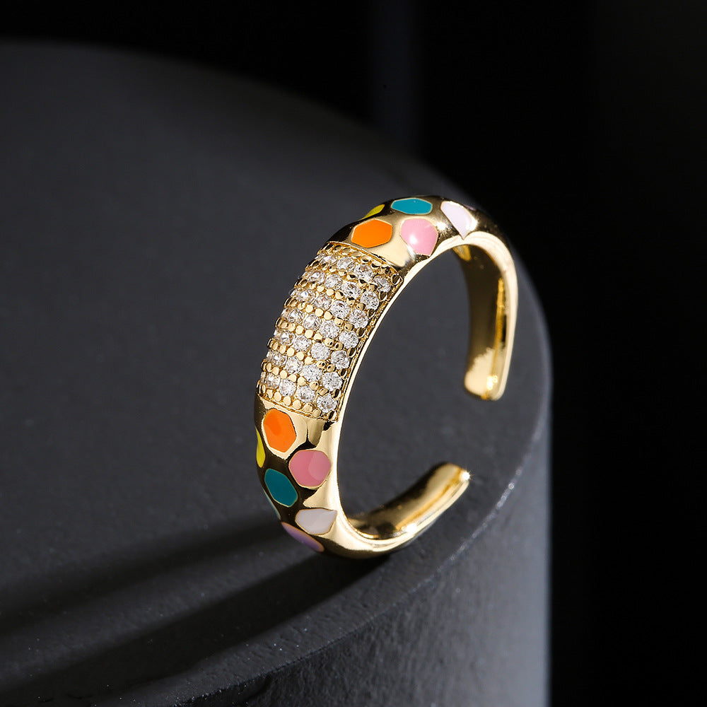 Minimalist Geometric Open Ring for Women in Brass with 18K Gold Plating and Colored Zircon Inlay