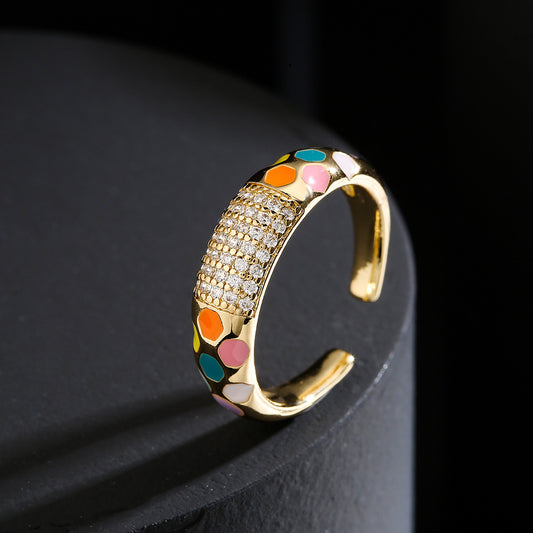 Minimalist Geometric Open Ring for Women in Brass with 18K Gold Plating and Colored Zircon Inlay